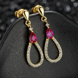 Stud Earrings S925 Sterling Silver Needle Korean Style Ruby Water Drop Inlaid Luxury Simple Gold-Plated