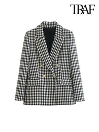 Women's Suits Blazers TRAF Women Fashion Double Breasted Houndstooth Blazer Coat Vintage Long Sleeve Flap Pockets Female Outerwear Chic Vestes 231011
