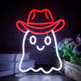 1pc Cowboy Ghost Neon Sign, Cute LED Halloween Cowboy Ghost Sign Neon Light Wall Art, Easy To Hang And Adjustable Brightness, USB Powered For Bedroom Man Cave