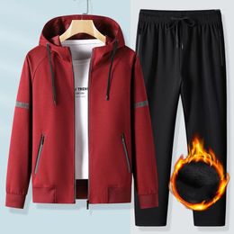 Men's Tracksuits Winter Fleece Leisure Sports Jacket Pants Men Sweatsuits Sportswear Jogger Suits Cotton Sweat 2 Set Black