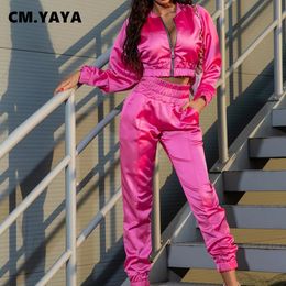 Women's Two Piece Pants CM.YAYA Sport Bright Solid Women's Set Track Jacket and Pants Suit Active Sweatsuit Tracksuit Two Piece Set Fitness Outfits 231011