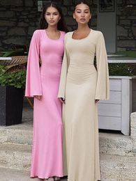 Casual Dresses Solid Ribbed Knitting Women Bodycon Maxi Dress Female Elegant Square Neck Flare Long Sleeve 2023 Lady Party Club Robe