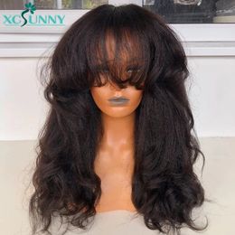 Synthetic Wigs Bang Wig Human Hair Brazilian Machine Made Scalp Top Wig Wavy Yaki Human Hair Wig With Bangs Chocolate Brown Wigs For Women 231012