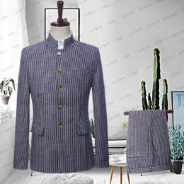 Men's Suits Men Suit Blazer Jacket Stand Lapel Navy Blue Classic Stripe Two Pcs Coat Pants Linen Leisure Business Slim Fit Costume Homme2023