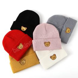 Korean Cute Bear Baby Hat Knitted Cartoon Embroidery Baby Boys Girls Cap Beanie Winter Warm Toddler Kids Bonnet Hat