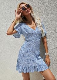 Casual Dresses Women Est Summer 2023 European American Ladies Fashion Cross Border V-Neck Printed Short Flare Sleeves Female