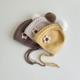 New Cute Flower Baby Girl Hat Winter Spring Warm Knitted Ear Protection Newborn Toddler Girl Hats Beanies Bonnet