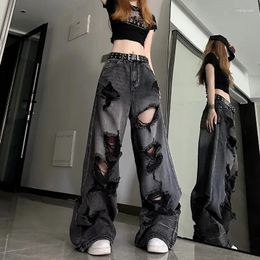Women's Jeans Y2K Korean Grunge Black Grey Ripped Vintage Streetwear Straight Trousers Wide Leg Denim Baggy Pants Women Oversize Clothes