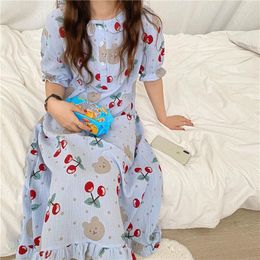 Women's Sleepwear Big Cherry Print Summer Nightgown Women O-Neck Short Sleeve Long Cotton Ins Cartoon Bear Homewear Night Dress