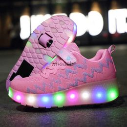 Спортивные уличные детские двухколесные светящиеся кроссовки Черные, красные, розовые светодиодные туфли на роликовых коньках Детские светодиодные туфли для мальчиков и девочек с зарядкой через USB YQ231012