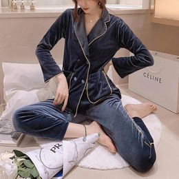 Women's Sleepwear Velvet Women Pajamas Set Lapel 2PCS Shirt&Pants Lounge Wear Soft Autumn Lingerie Pyjamas With Pockets Home Clothes