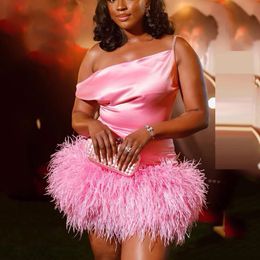 Feather Mini Prom Dresses Off the Shoulder A Line Short Evening Party Gown Pink One Shoulder Birthday Party Dress