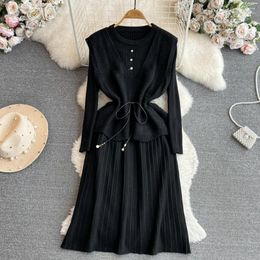 Work Dresses Chic Korean Autumn Winter Two Pieces Sets Sexy Long Sleeve V-neck Vest Coat With Fashion Knit A-line Skirt