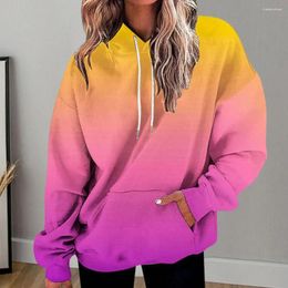 Women's Hoodies Women Fall Winter Hoodie Colour Matching Gradient Hooded Loose Thick Soft Warm Long Sleeve Elastic Cuff Patch Pocket Mid Le