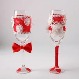 Party Favor 1 Pair/lot Red Lace Crystal Wedding Bridal Shower Gift Champagne Toasting Glasses Set Bowknot Wine Cup