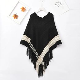 Shawls Autumn Winter Shawl Imitation Cashmere Diagonal Stripe Pullover Warmth Tassels Woman Poncho Cape Sweater Black Cloaks 231012