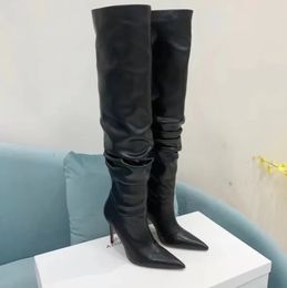 Amina muaddi leather Pointed toe Stiletto heel thigh-high tall boot Stacked boots knee Boots Top qualit Chamois Slip-On 95mm women luxury designer shoes Sizes 35-42