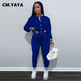 Women's Two Piece Pants CM.YAYA Autumn Winter Baseball Sport Women's Set Button Up Jacket and Jogger Pants Active Tracksuit Two Piece Set Fitness Outfit 231011