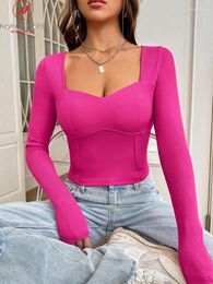 Women's T Shirts Sexy Women Solid Colour T-Shirts Patchwork Design Square Collar Long Sleeve Spring Autumn Slim Pullovers Knitted Top