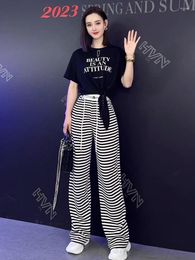 Women's Two Piece Pants 2 Pieces Set Summer Women Striped Suit Streetwear Outfit Harajuku Short Sleeve 2023 Trousers Crop Tops Tee Shirt