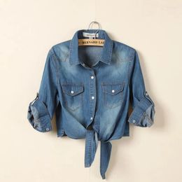 Women's Blouses Casual Cropped Cotton Denim Shirts For Women Summer Half Sleeves Lace Up Shirt Female Fashion Vintage Blouse Top 2023