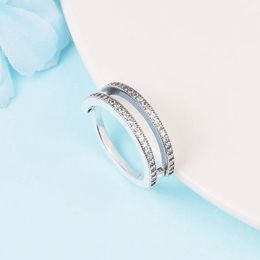 925 Sterling Silver Signature & Pave Double Band Clear Cz Stones Ring Fit Pandora Charm Jewelry Engagement Wedding Lovers Fashion Ring For Women