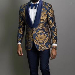 Men's Suits Gold Floral Jacquard Prom Men Blue Shawl Lapel 3 Piece Slim Fit Groom Suit Male Fashion Costume Blazer Vest With Pants