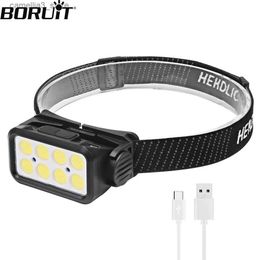 Head lamps BORUiT K353 LED Induction Headlamp USB-C Rechargeable 5-Modes Waterproof Headlight 18650 Torch Built-in Battery Camping Lantern Q231013