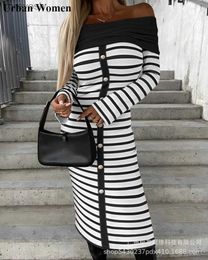 Maternity Dresses Autumn Fashion Stretch Off Shoulder Split Dress Women Fashion Stripe Print slash Neck Long Sleeve Slim Dress WomenL231012