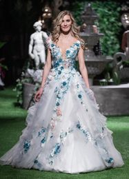 Prinzessin 3D-Blumenapplikationen Hochzeitskleid 2024 Hellblaue Spitze Sheer Neck A-Linie Lange Tüll-Brautkleider Romantische schicke Brautkleider nach Maß