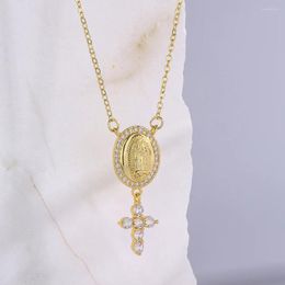 Pendant Necklaces Mafisar Classic Design Cross Virgin Mary Gold Color Stainless Steel Chain Necklace CZ Zircon Inlay Party Jewely