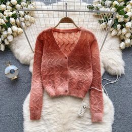 Women's Jackets Autumn Loose Sweet Gradient Knitting Full Sleeve Single Breasted Short Women Tops