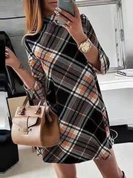 Urban Sexy Dresse Elegant Turtleneck Pullover Dress Plaid Print Long Sleeve Above Knee Casual Spring Autumn Straight 231011