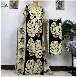 Ethnic Clothing 2023 African Abayas For Women Cotton Short Sleeve Leaf Print Floral Loose Femme Robe Tradition Muslim Islam Dress With