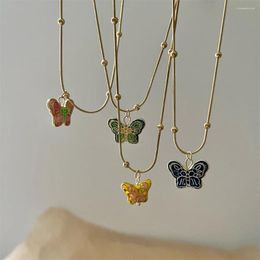 Pendant Necklaces Korean Fashion Vintage Enamel Colorful Butterfly Necklace Sweet Cartoon Animal Titanium Steel For Women Jewelry