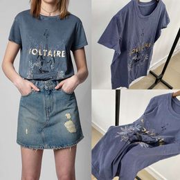 Футболка 23SS Zadig Voltaire Tops Новая гитара с буквенным тиснением Печать Тяжелая промышленность Стирка Жареный цвет Женская дизайнерская хлопковая футболка с коротким рукавом Пляжные футболки