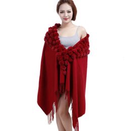 Shawls 2023 Woman Autumn Winter Cashmere Wool Pashmina Scarf Muffler Shawl With Real Rabbit Fur Pompoms 231011