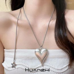 Pendant Necklaces Exaggerate Silver Colour Metal Texture Big Love Heart Necklace For Women Girl Trendy Sweater Chain Neck HUANZHI 2023