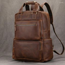 Backpack Real Leather Men Laptop Bagpack Vintage Cow School Bag High Capacity Computer Anti Theft Daypack Man