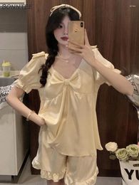 Women's Sleepwear Pyjama Sets Women Temperament Sweet V-neck Bow Female Gentle Vintage Casual Summer Prevalent Comfort Loose Korean Style