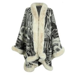 Shawls In Peacock Print Knitted Poncho Women Fur Collar Cape Coat Female Luxury Shawl Cardigan Jackets Outerwear 231012