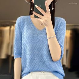 Women's Sweaters Spring Summer Women Wool Waffle Sweater Three Quarter Sleeve V-Neck Seamless Loose Pullover T-shirt Casual Knitted Base