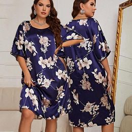 Women's Sleepwear Women Print Flower Nightdress Bath Robe Nightgown Summer Loose Casual Silk Satin Home Wear Plus Size 3XL 4XL 5XL