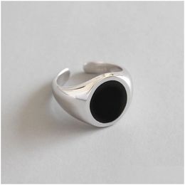 Other 925 Sterling Sier Round Black Enamel Open Size Rings Fine Jewelry Women Adjustable Statement Ring Valentines Day Jewelry Necklac Dhzx7
