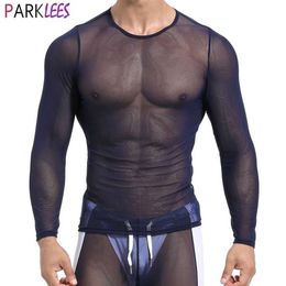 Mens Transparent Mesh See-through Fishnet Tshirt Sexy Long Sleeve Tee Shirt Homme Slim Fit Mesh Sheer Top Understshirts XL 210522222S