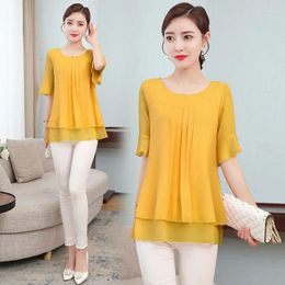 Women's Blouses Chiffon Shirt Short Sleeve Women Fat People Cover The Belly Top 2023 Loose Mother Summer Long Small