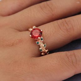 Cluster Rings Red Crystal With Leaf Hollow Out Finger Jewellery Women Copper Female Party Accessories