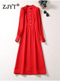 Casual Dresses ZJYT Elegant Lantern Sleeve Red Party For Women 2023 Autumn Fashion Midi Vestidos Simple Crystal Buttons Robe