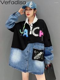 Women's Blouses Vefadisa 2023 Autumn Denim Splice Shirt Skirt Fashion Personalised Mid Length Trendy Girl Letter Print Black Blue Top ZY1981