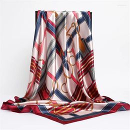 Scarves 90cm Silk Satin Hair Handband Square Scarf Luxury Chain Print 2023 Design Neckerchief Female Beach Stoles Head Hijab Shawl Wraps